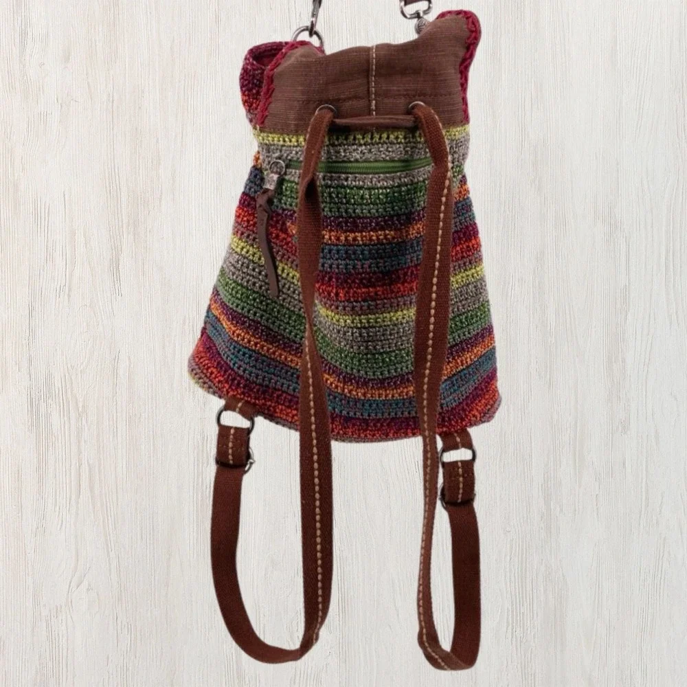 The Sak Avalon Crochet Backpack Convertible Shoulder Bag Striped Boho Drawstring